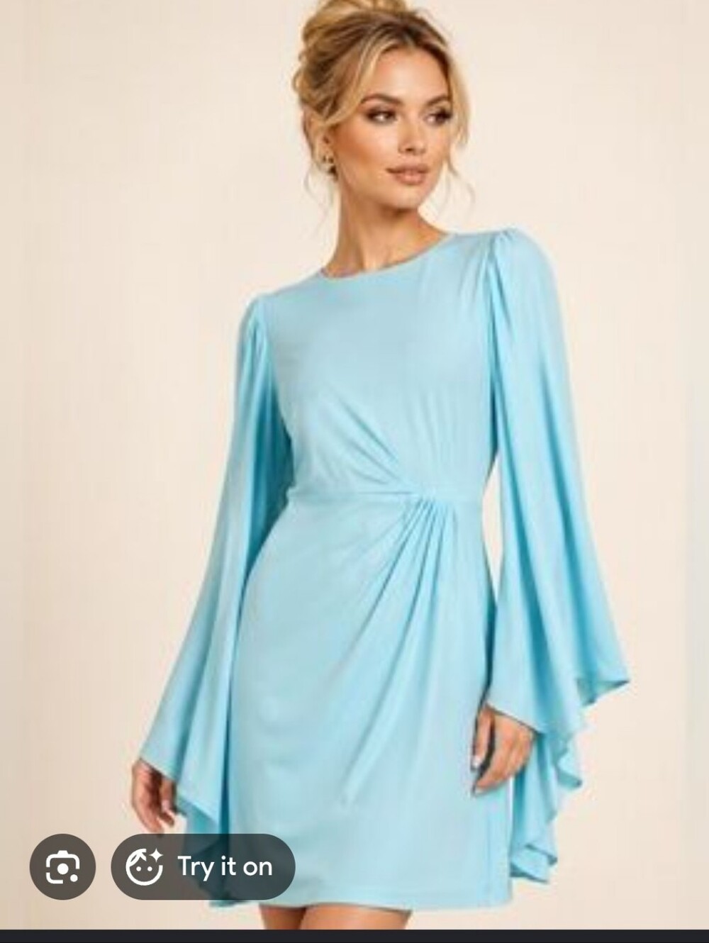 Badgley Mischka Light Blue Draped Long-Sleeve Jersey Dress, P2P 19"